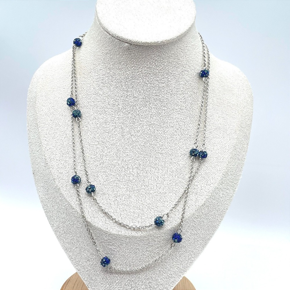 Liz Claiborne Silver-Tone Chain Flush Rhinestone Ball Station Lobster Necklace